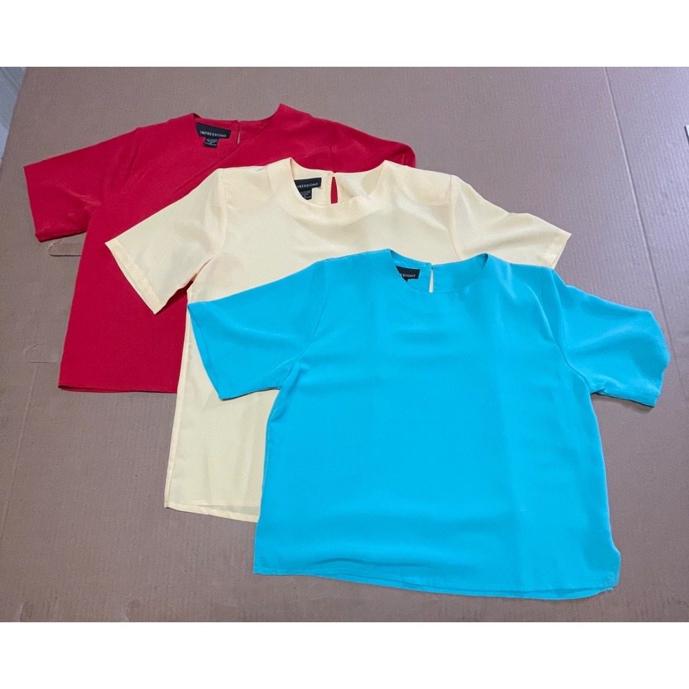 Lot of 3 Vintage Impressions Career Blouses Tops Small Red Blue Yellow Stained